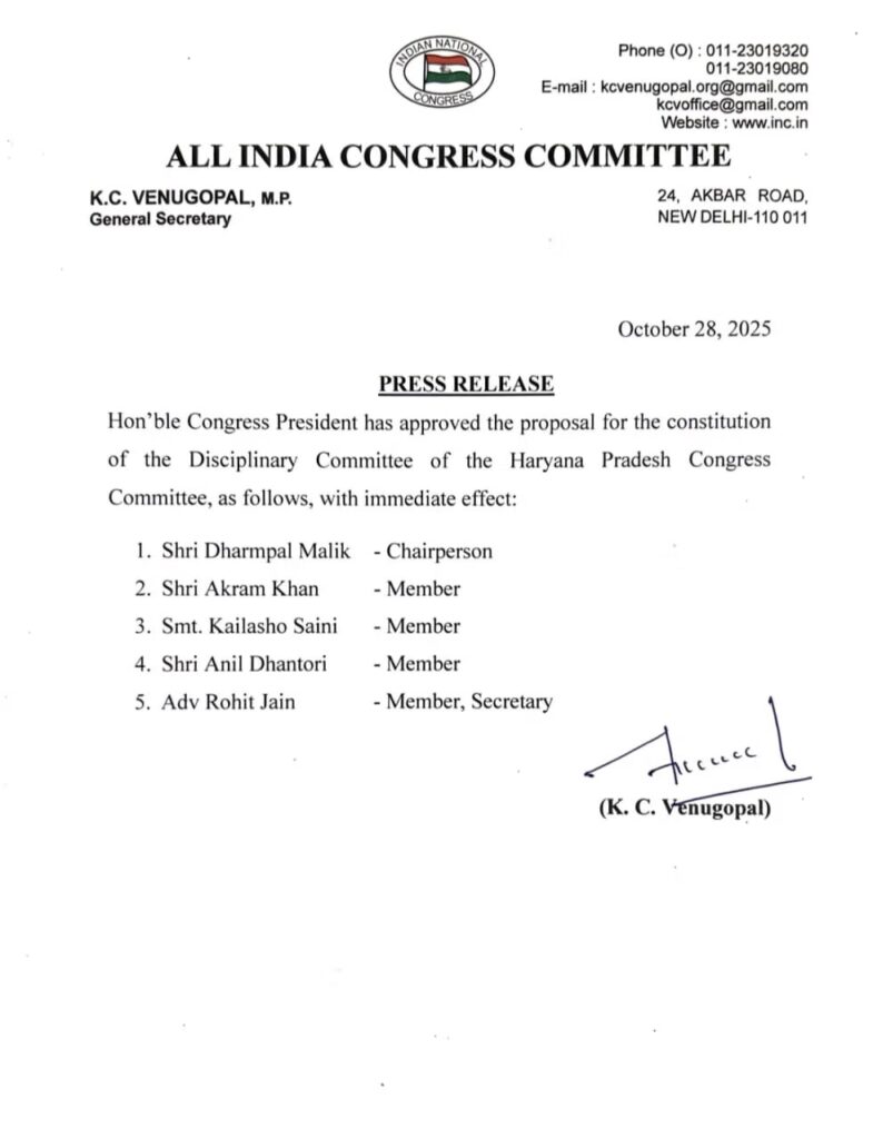 हरियाणा कांग्रेस अनुशासन समिति गठन: धर्मपाल मलिक बने चेयरपर्सन